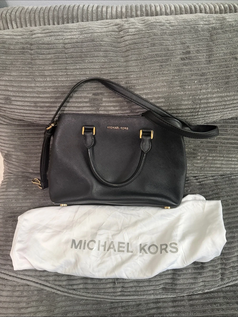 Michael Kors Black Leather Satchel with Gold-Tone Accents
